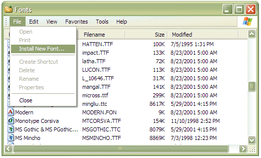 File menu of Appearance and Themes applet.